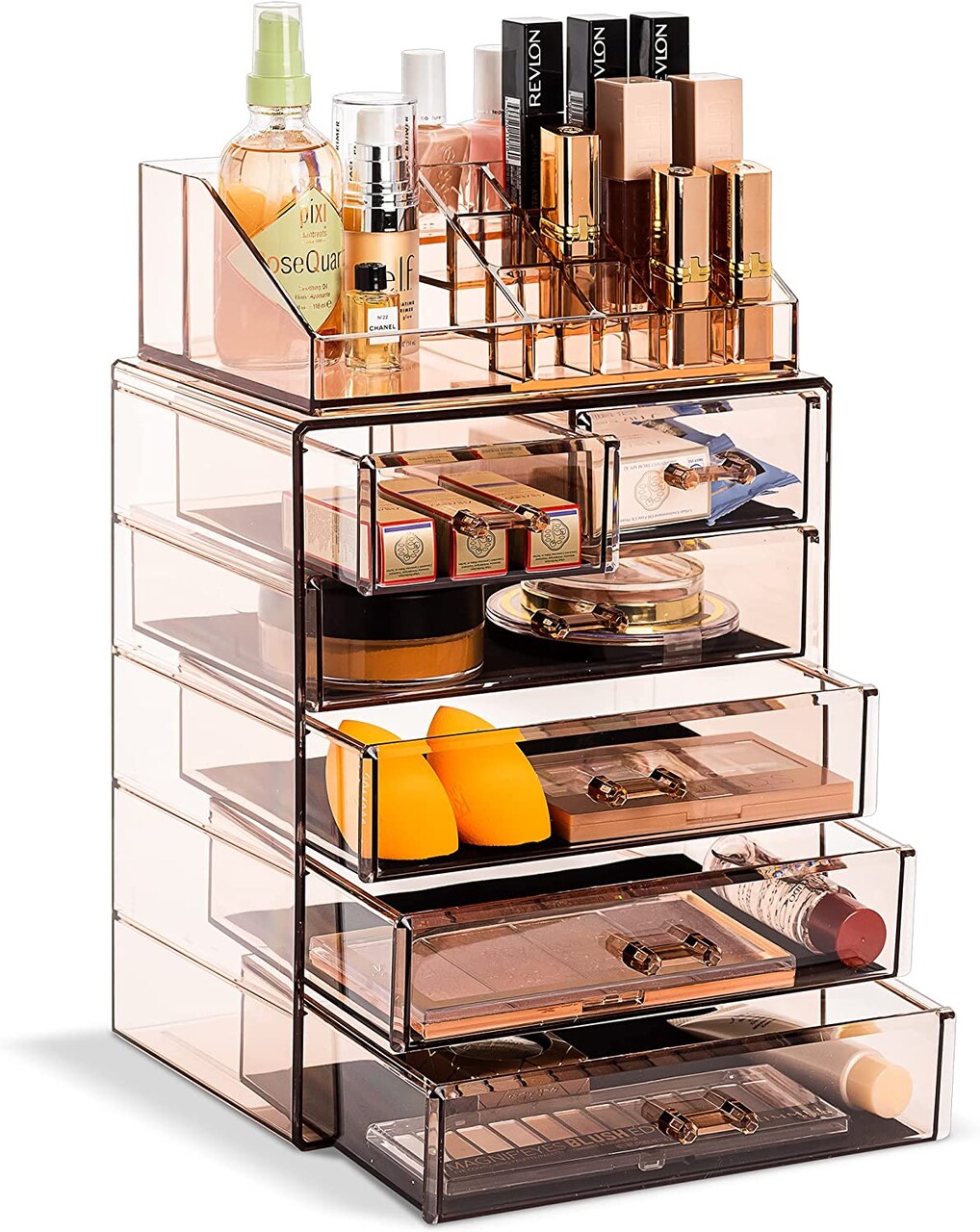Sorbus 2 Piece Acrylic Makeup and Jewelry Storage Organizer Case (6 Drawers and Lipstick Tray)